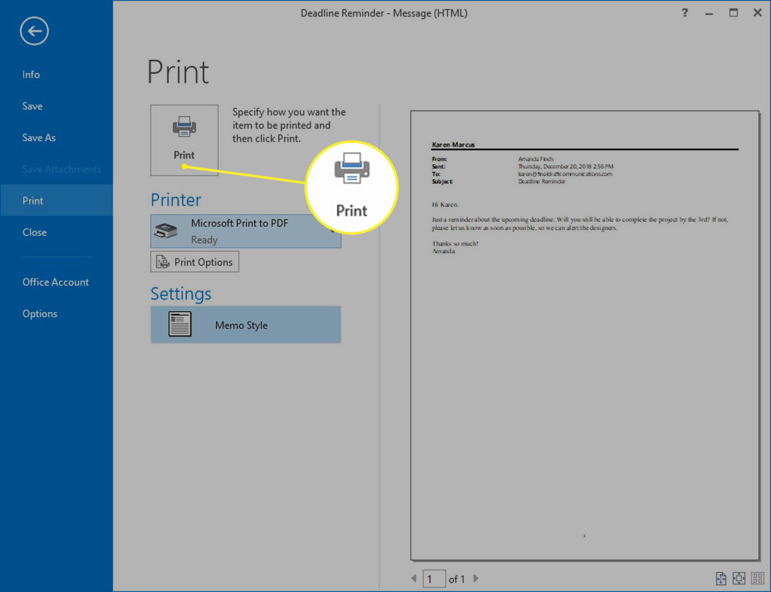 Екран друку Outlook із виділеною кнопкою Друк