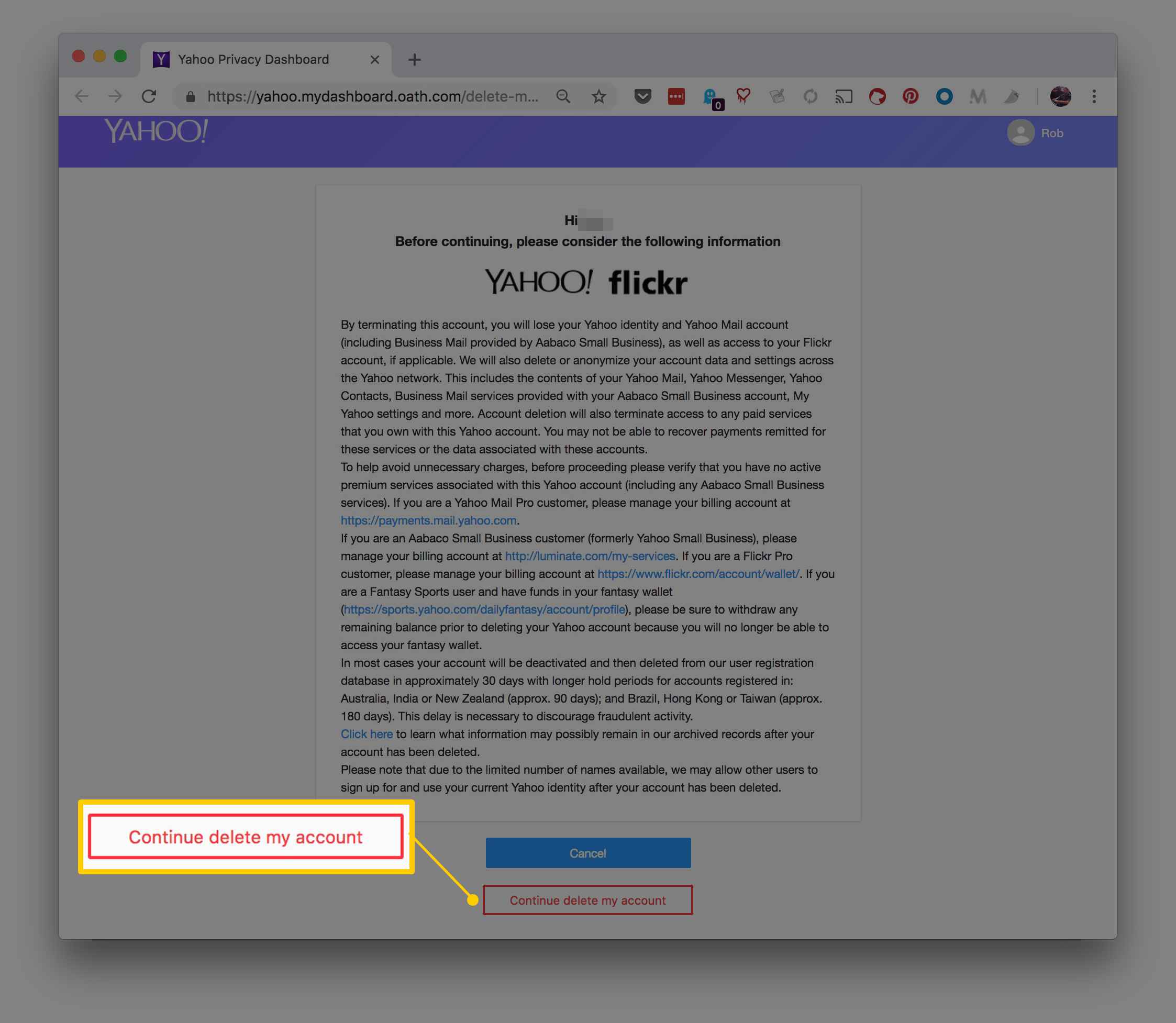 Знімок екрана сторінки попередження про видалення облікового запису Yahoo, з виділеним Продовжити видалення мого облікового запису