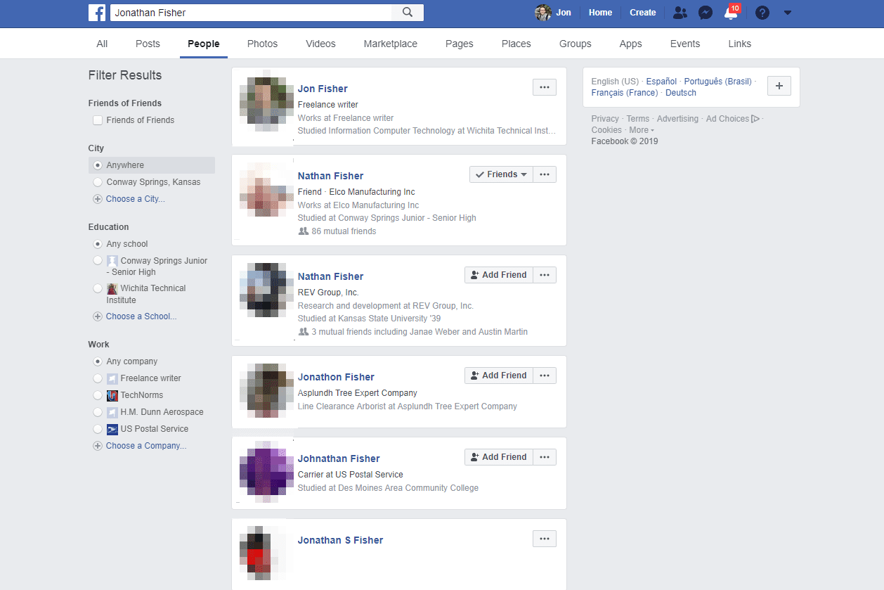 Результати пошуку людей у ​​Facebook