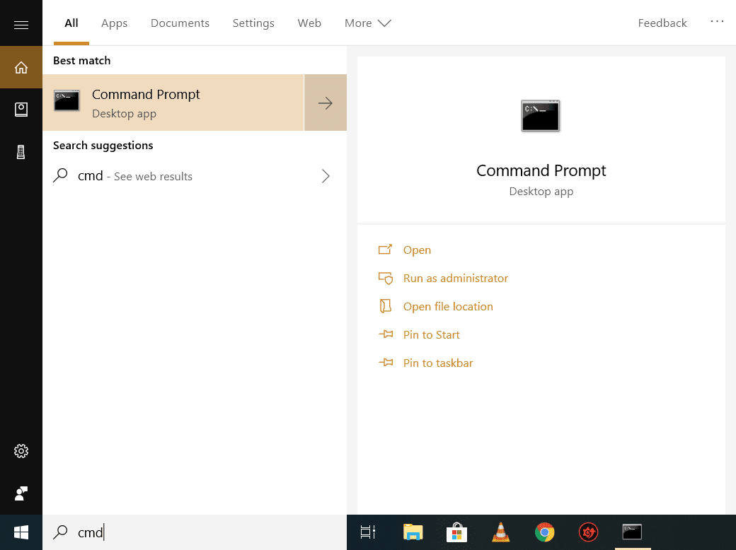 Знімок екрана командного рядка в результатах пошуку з Windows 10