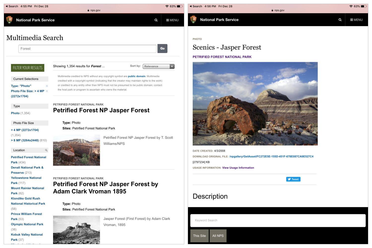 Два скріншоти: (ліворуч) Шукайте "ліс" на сайті служби національних парків, (праворуч) деталі зображення лісу Джаспер