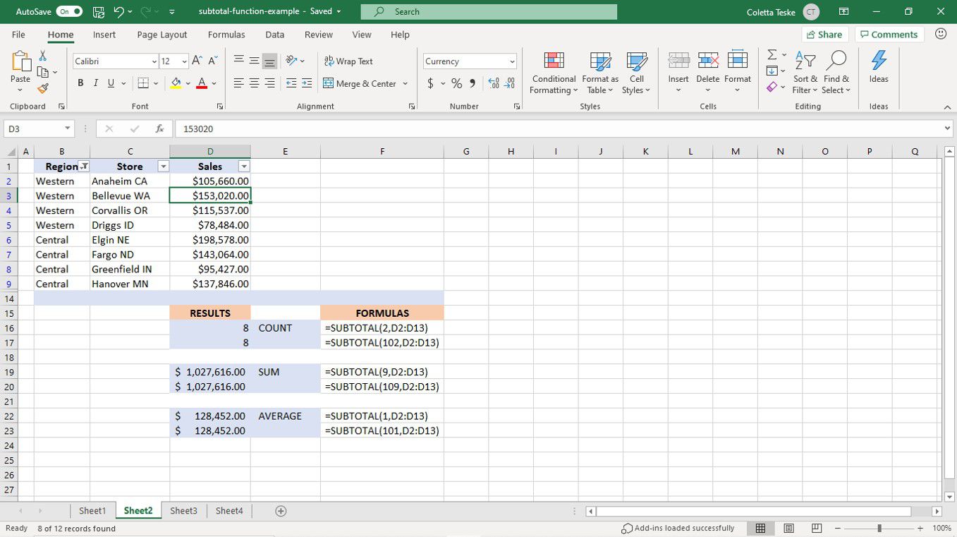 Результати функції SUBTOTAL для відфільтрованих даних на аркуші Excel