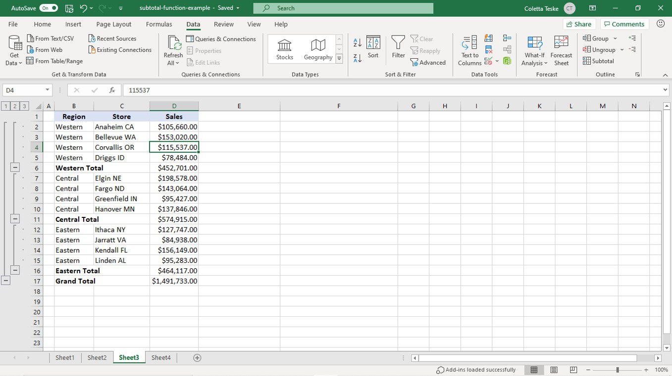 Проміжні підсумки та загальний підсумок, вставлені в згруповані дані на аркуші Excel
