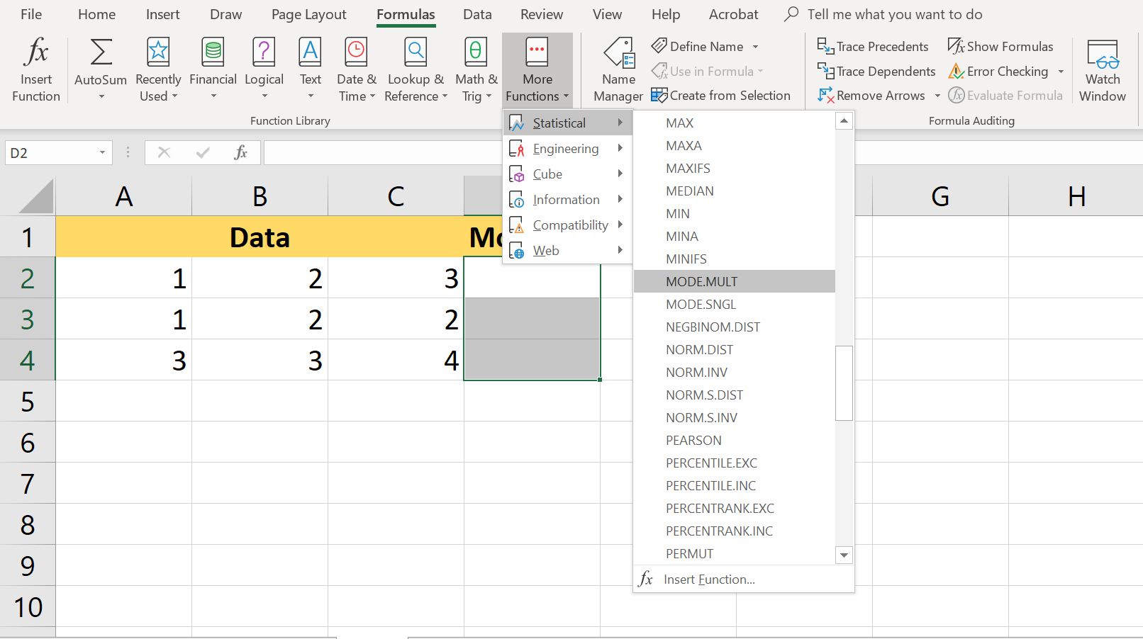 Випадаюче меню Excel Більше функцій із статистичними формулами.