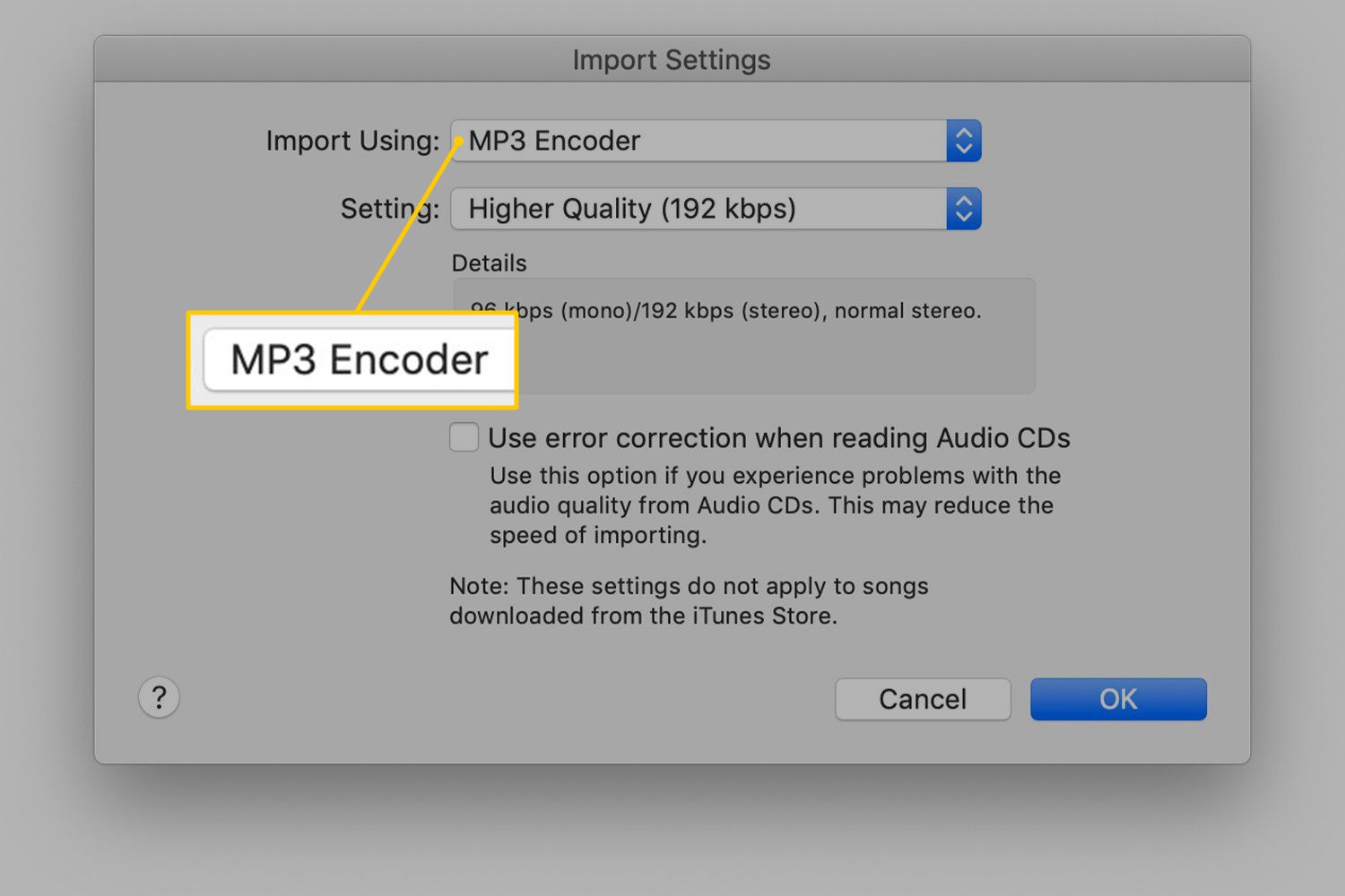 Кодер MP3 у налаштуваннях імпорту iTunes
