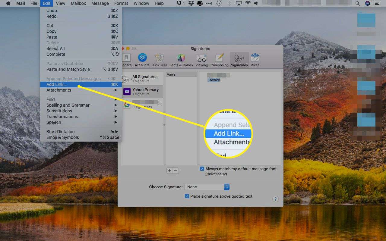 Apple Mail із виділеним параметром Додати посилання в меню Редагувати
