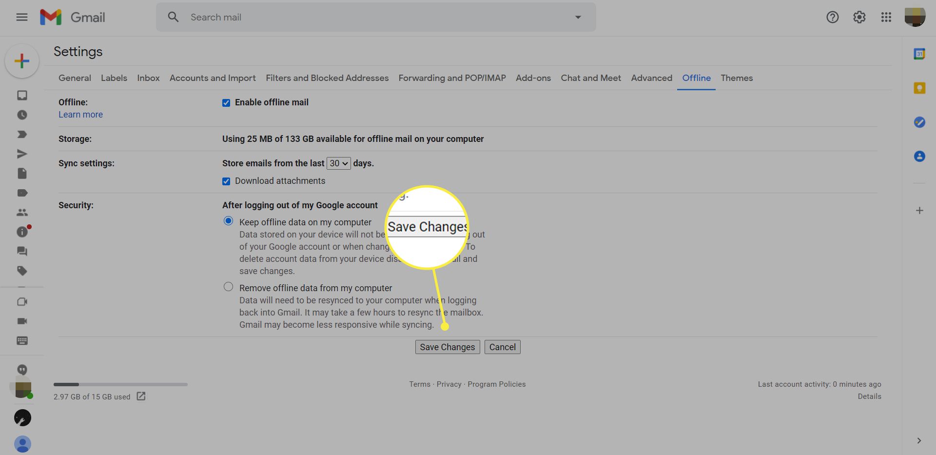 Налаштування електронної пошти Gmail у режимі офлайн із виділеною кнопкою Зберегти зміни