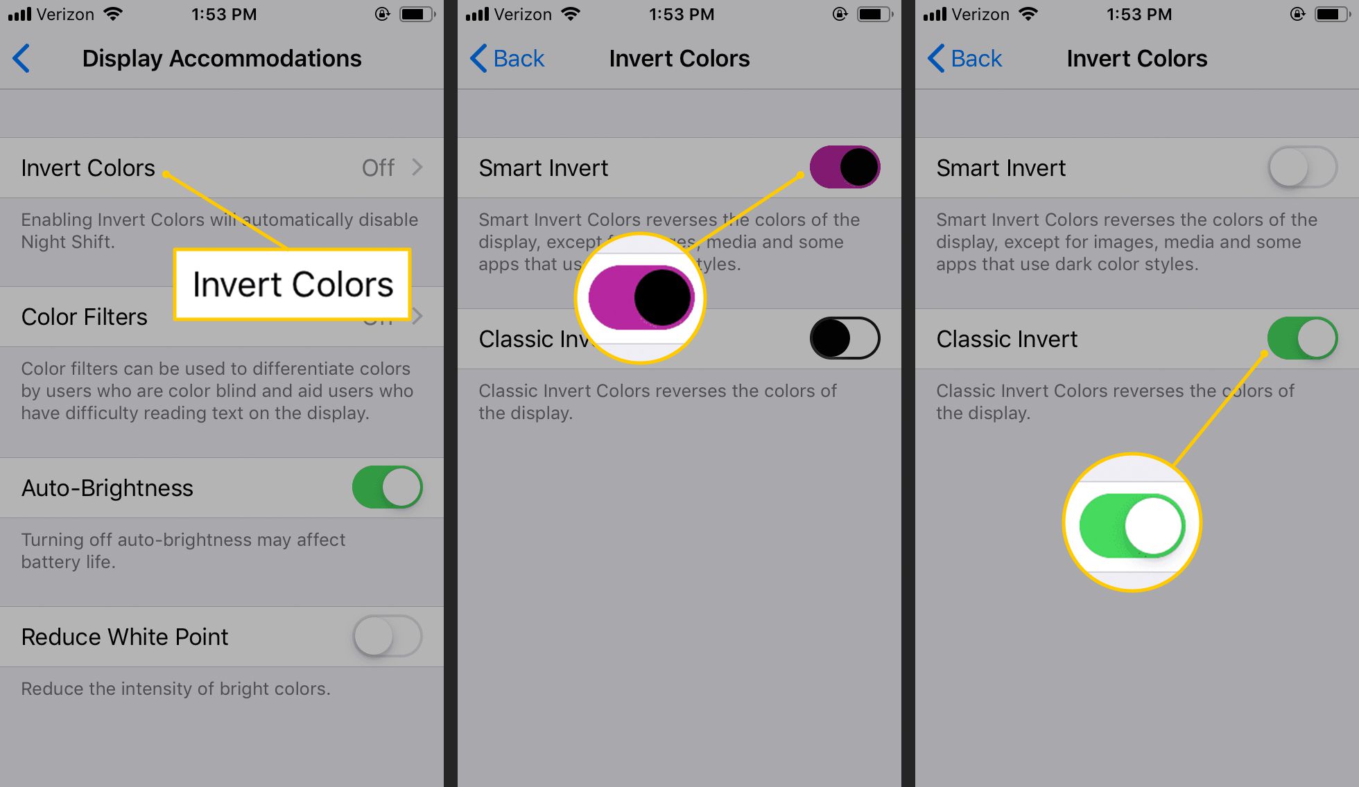 Інвертувати кольори, Smart Invert, Classic Invert у налаштуваннях iOS