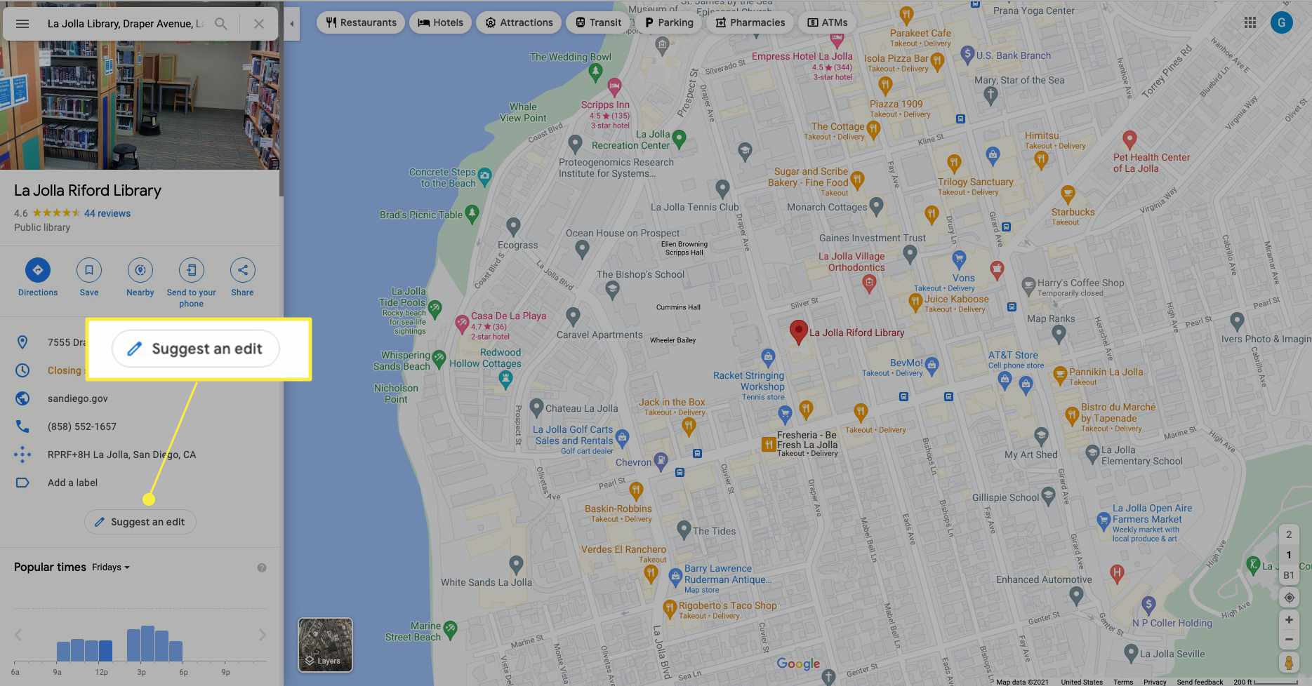 Місцезнаходження на Картах Google із виділеним Запропонувати редагування