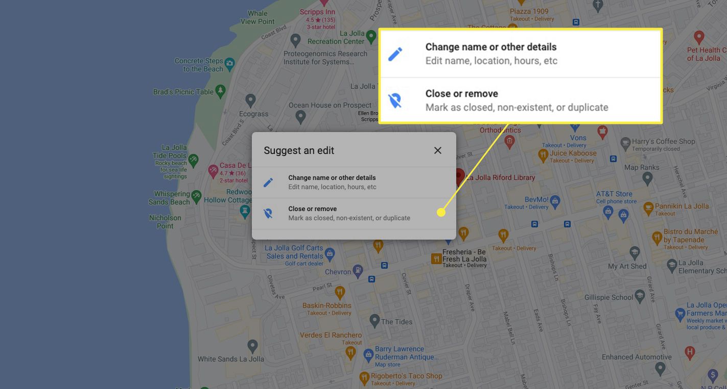 У вікні "Запропонувати редагування" на Картах Google виділено параметри