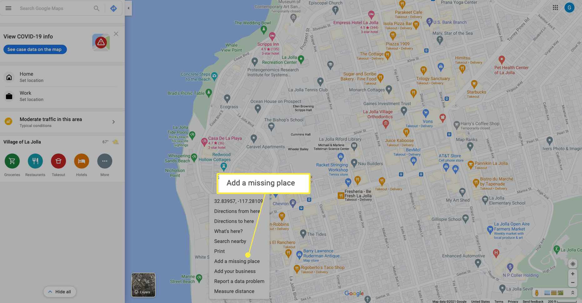 Місцезнаходження на Картах Google із виділеним Додайте місце, яке відсутнє