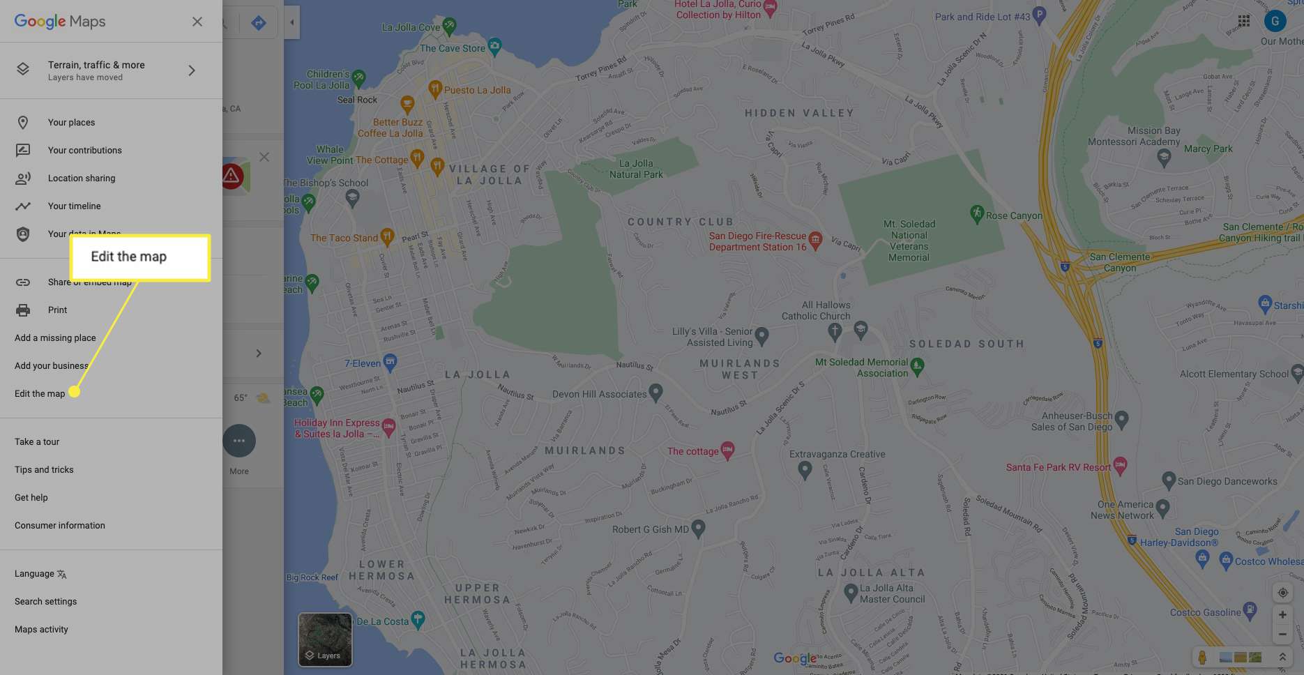 Меню Карт Google із виділеним Редагувати карту