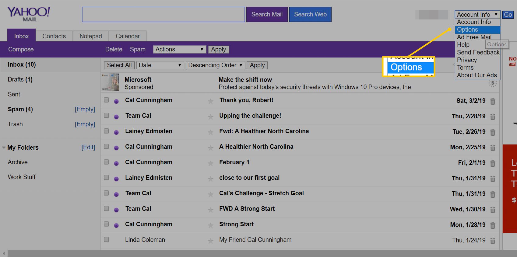 Меню параметрів у Yahoo Mail Basic