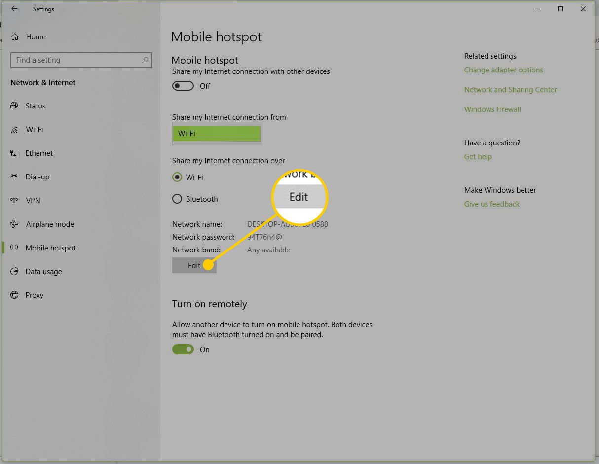 Кнопка редагування в налаштуваннях мобільної точки доступу в Windows