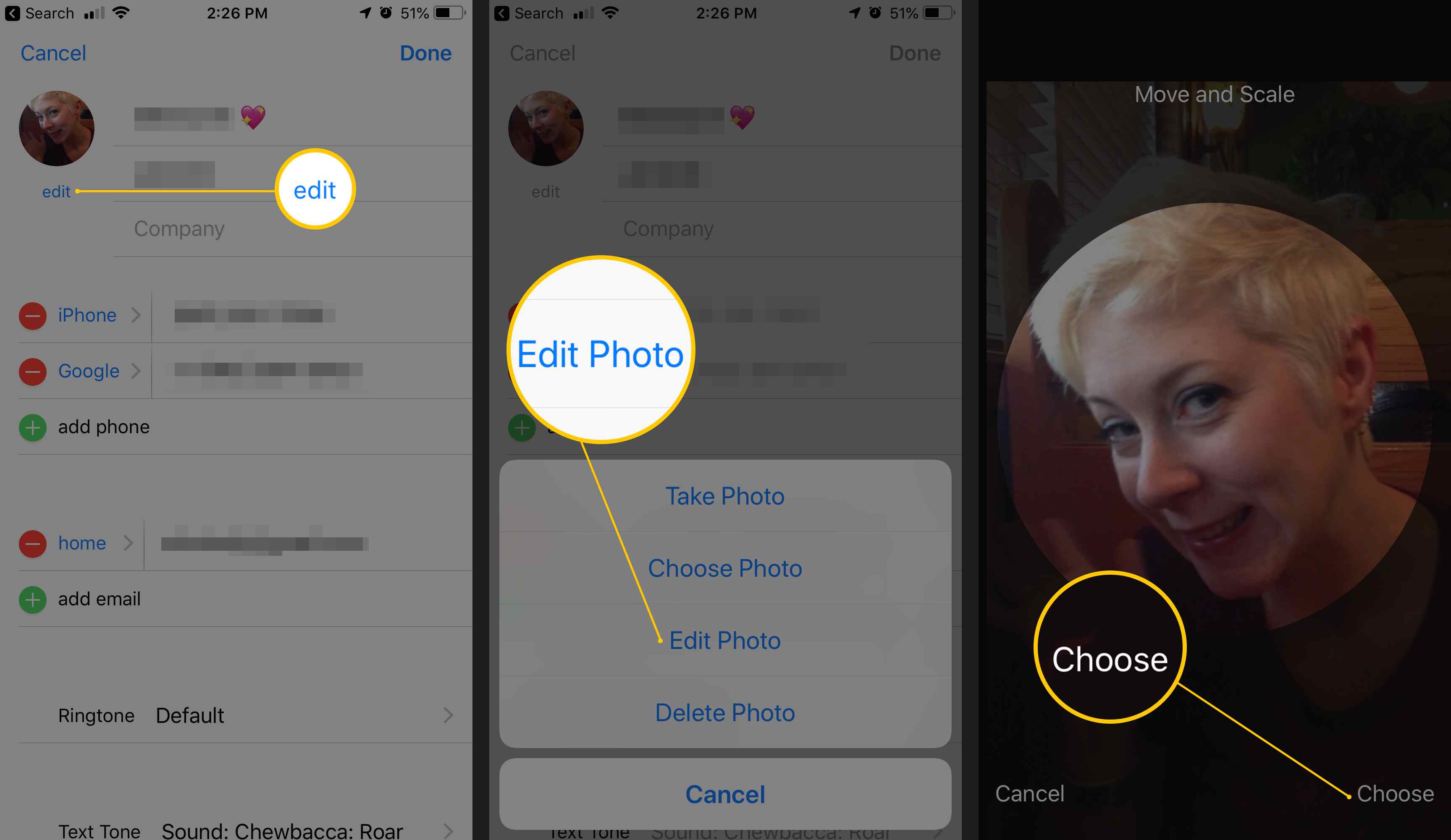 Три екрани iOS, на яких показано, як редагувати контакт