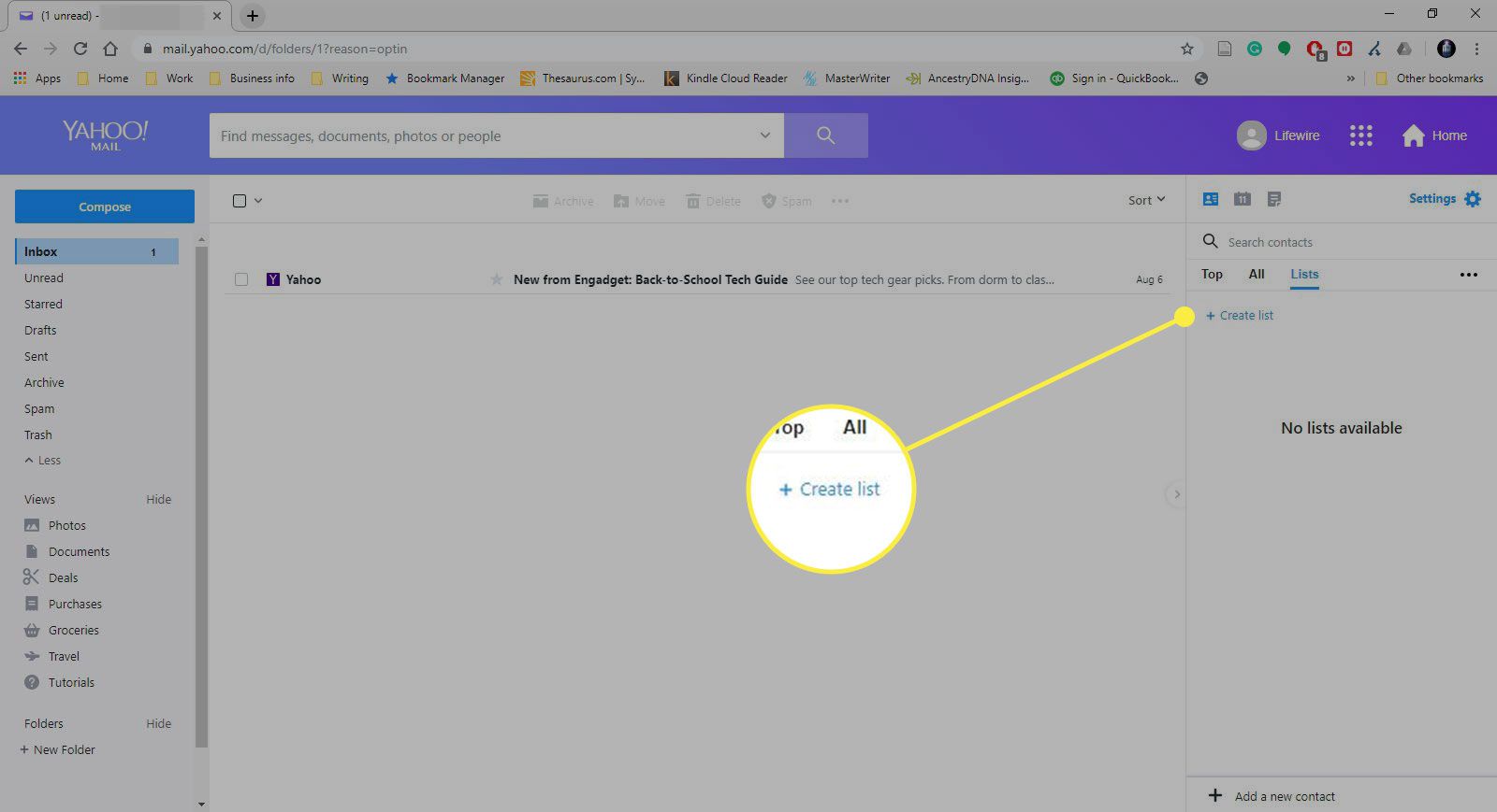 Знімок екрана Yahoo Mail із виділеною командою Створити список