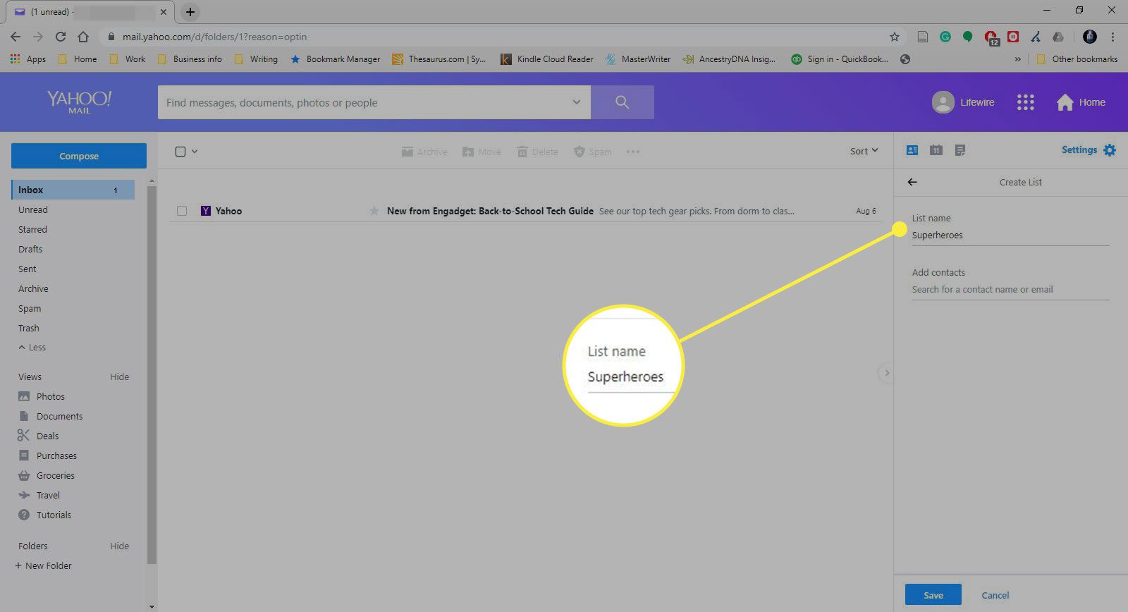 Знімок екрана Yahoo Mail з виділеним полем Ім'я списку