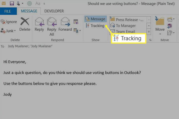 Кнопка відстеження в Outlook