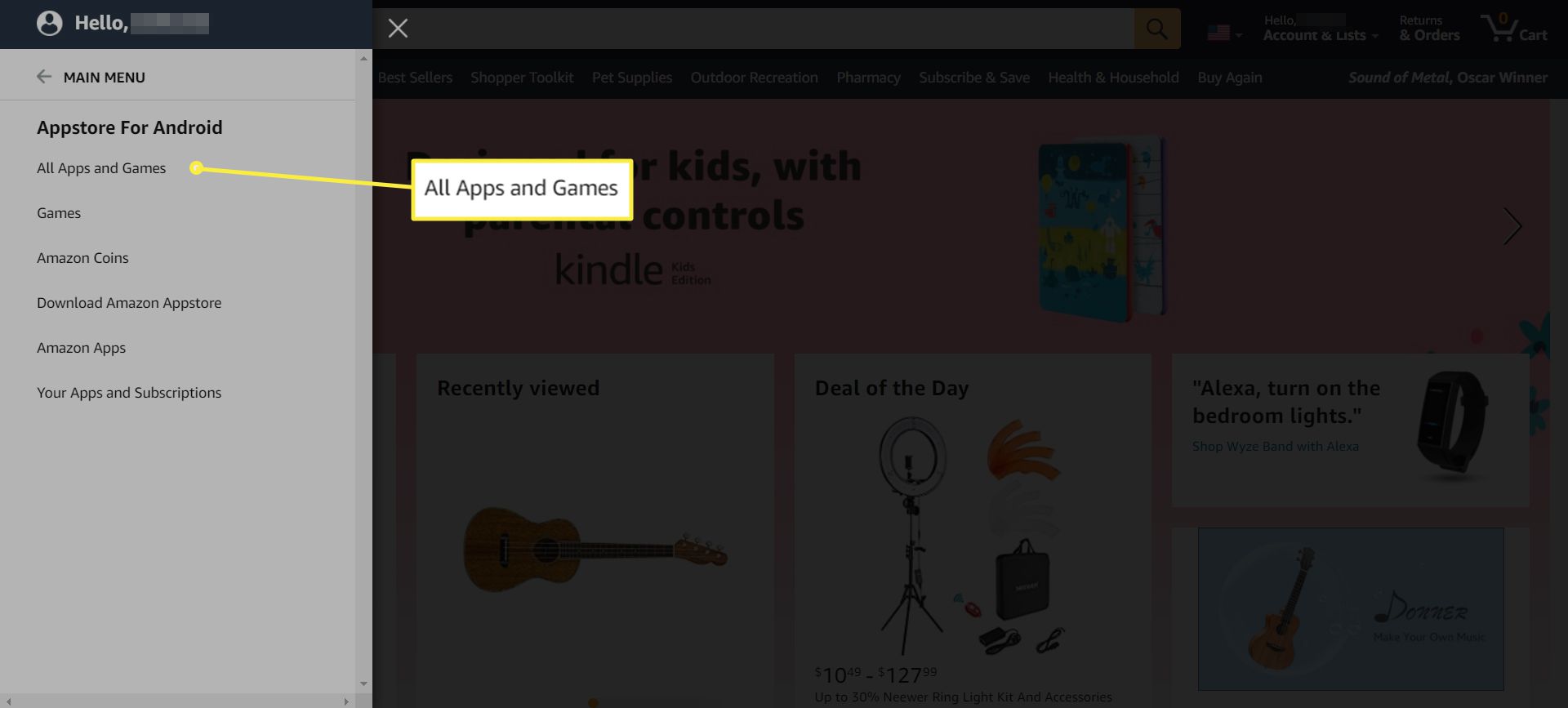 Веб-сайт Amazon із відображеним меню «Усі» та виділеним «Усі програми та ігри»