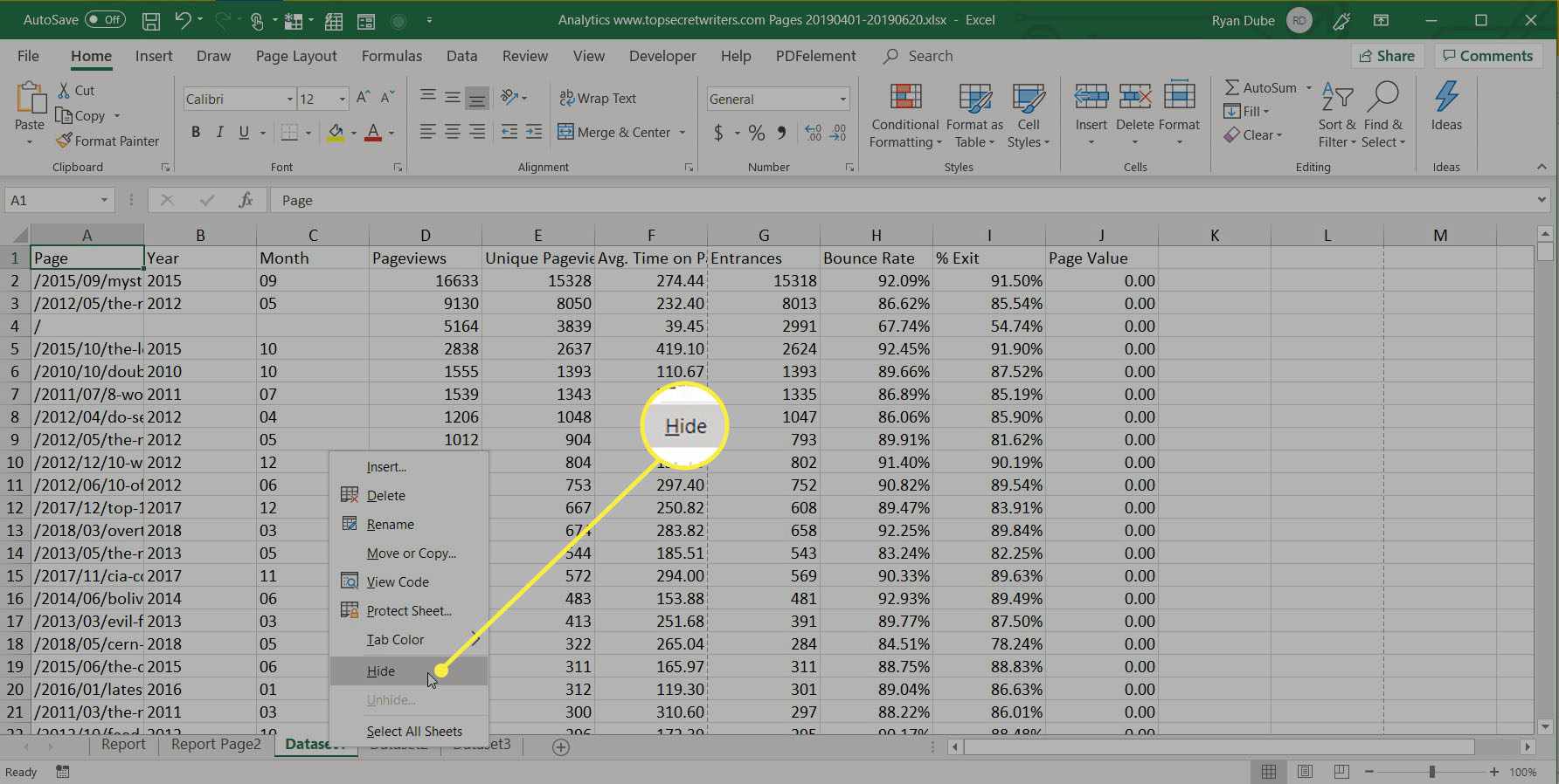 приховування вкладки аркуша в Excel