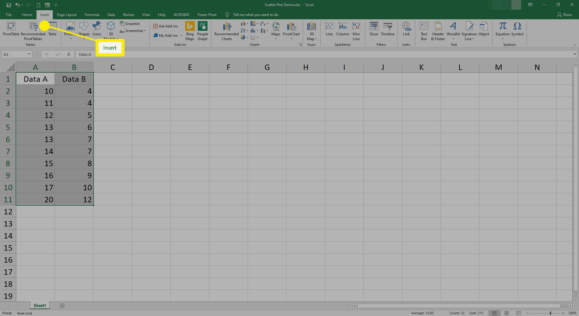 Вибір вкладки Вставка в Excel.