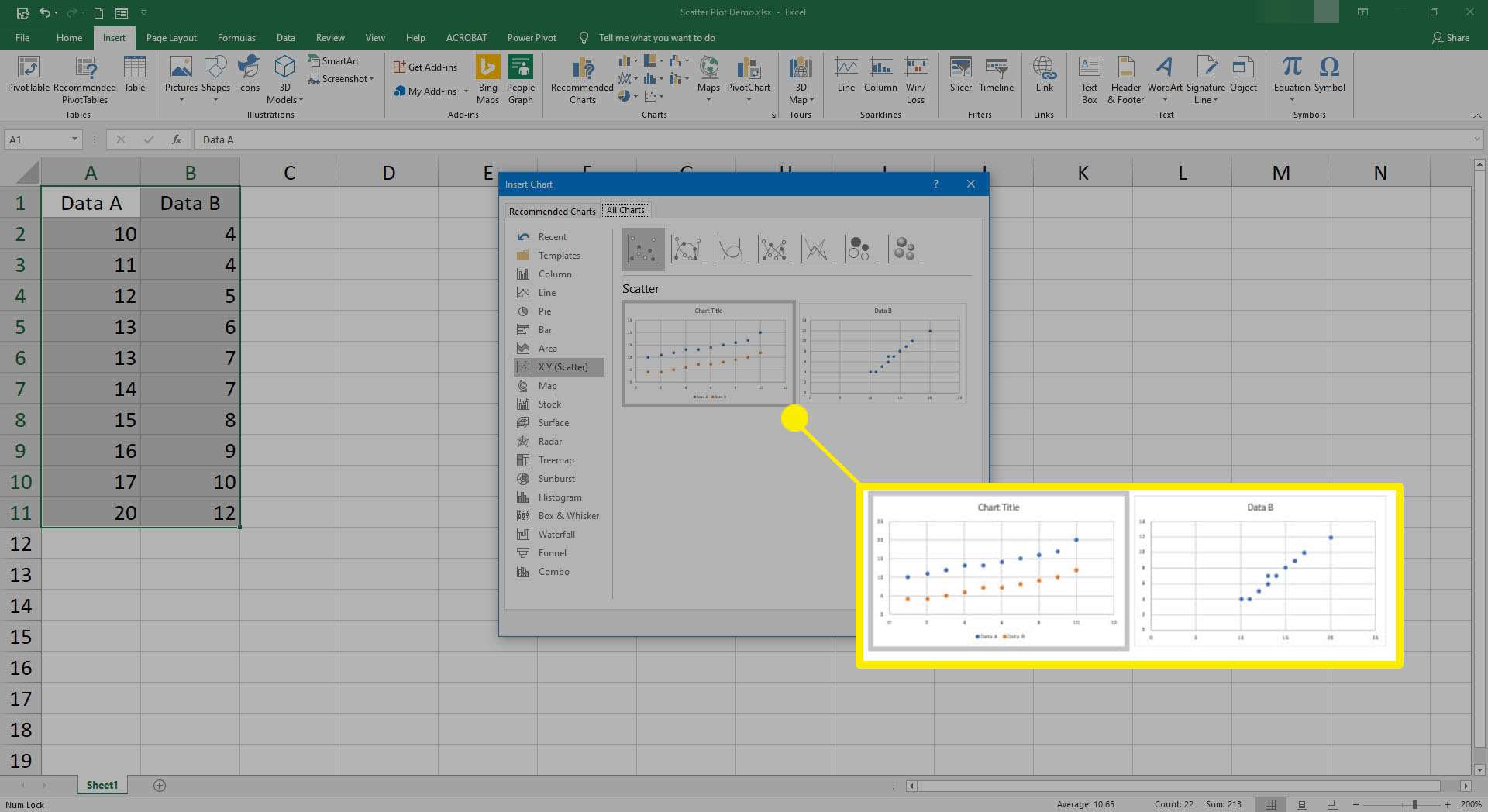 Вибір даних, які використовуватимуться в графіку розсіювання в Excel.