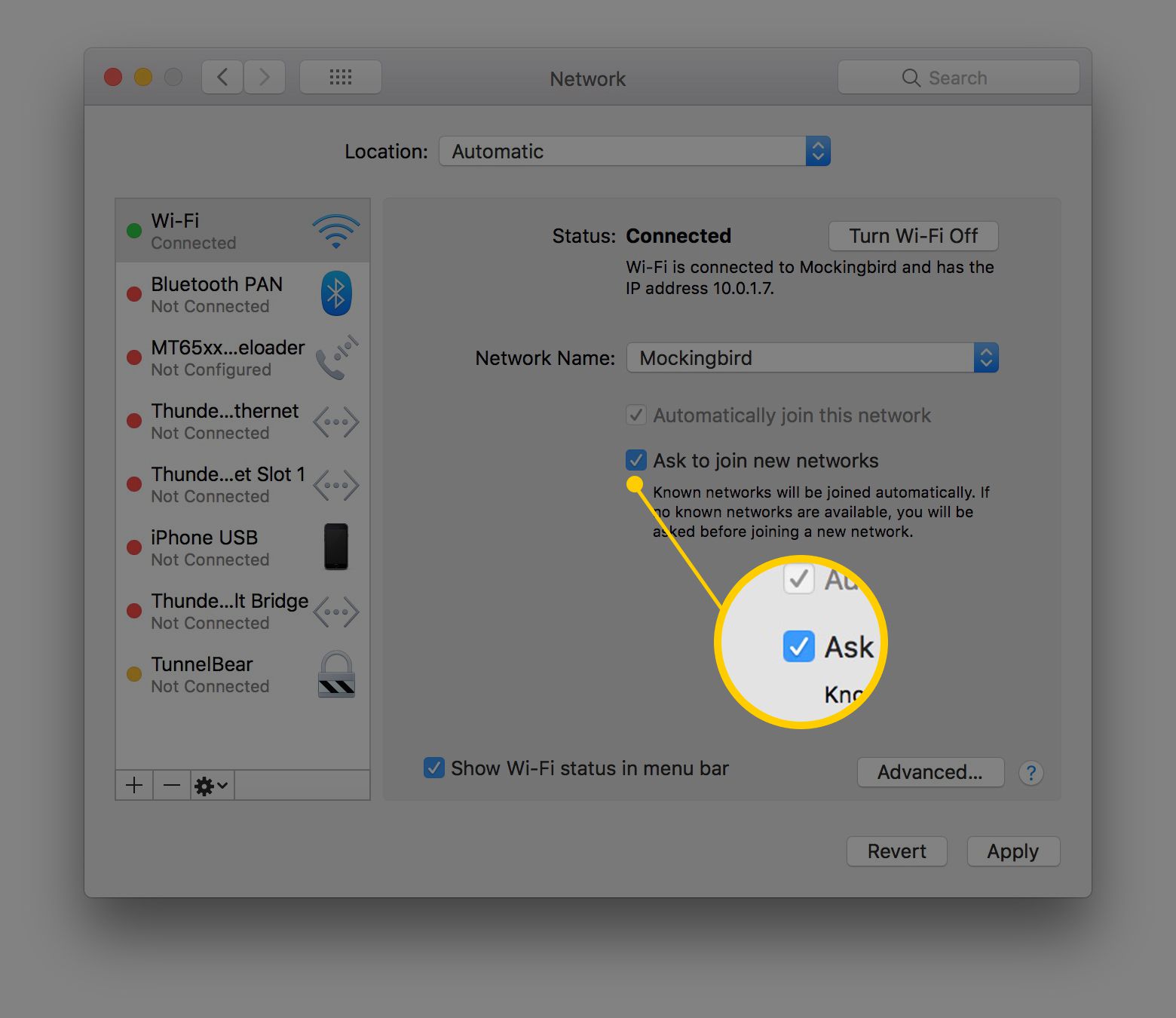 Знімок екрана системних налаштувань macOS із зосередженням на прапорці Запитувати приєднання до нових мереж