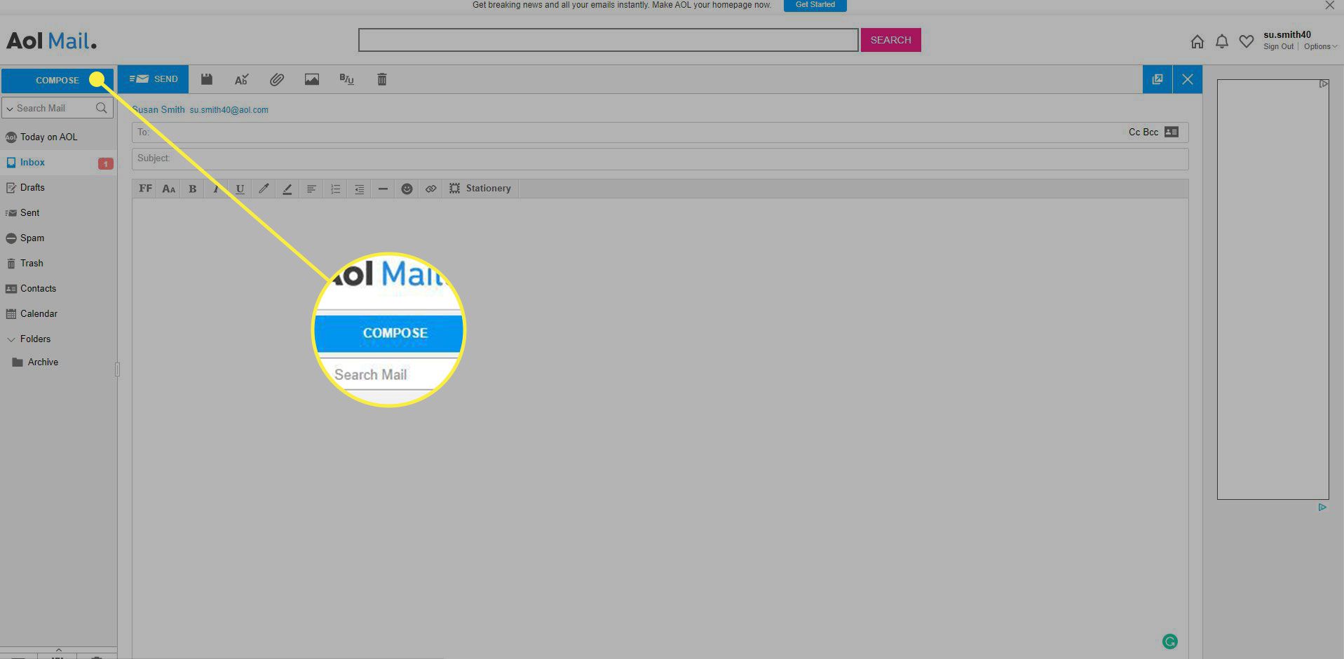Знімок екрана AOL Mail із виділеною кнопкою Створити