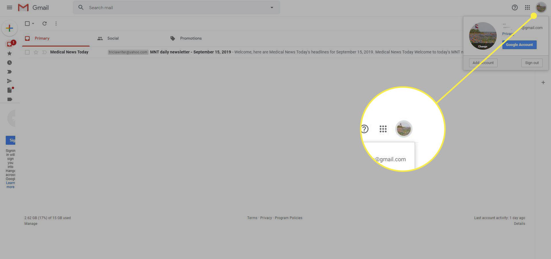 Знімок екрана Gmail із виділеним зображенням облікового запису