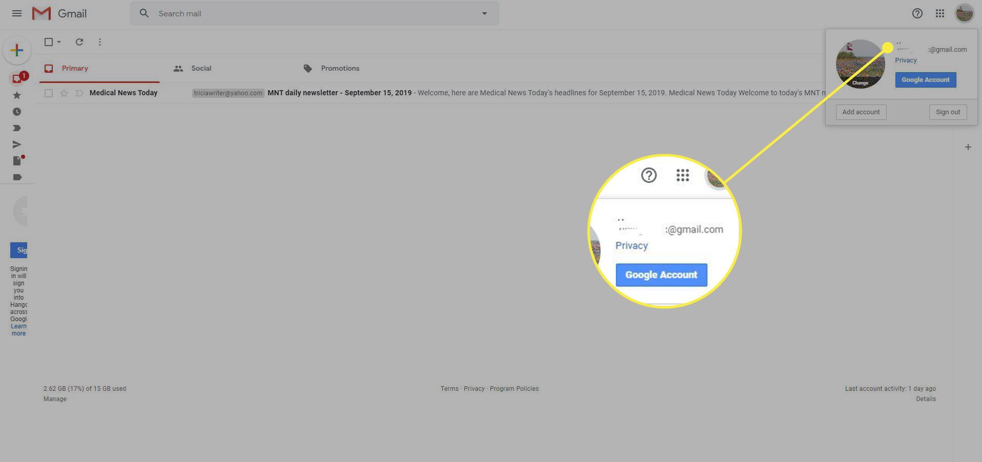 Знімок екрана Gmail із виділеною електронною адресою облікового запису