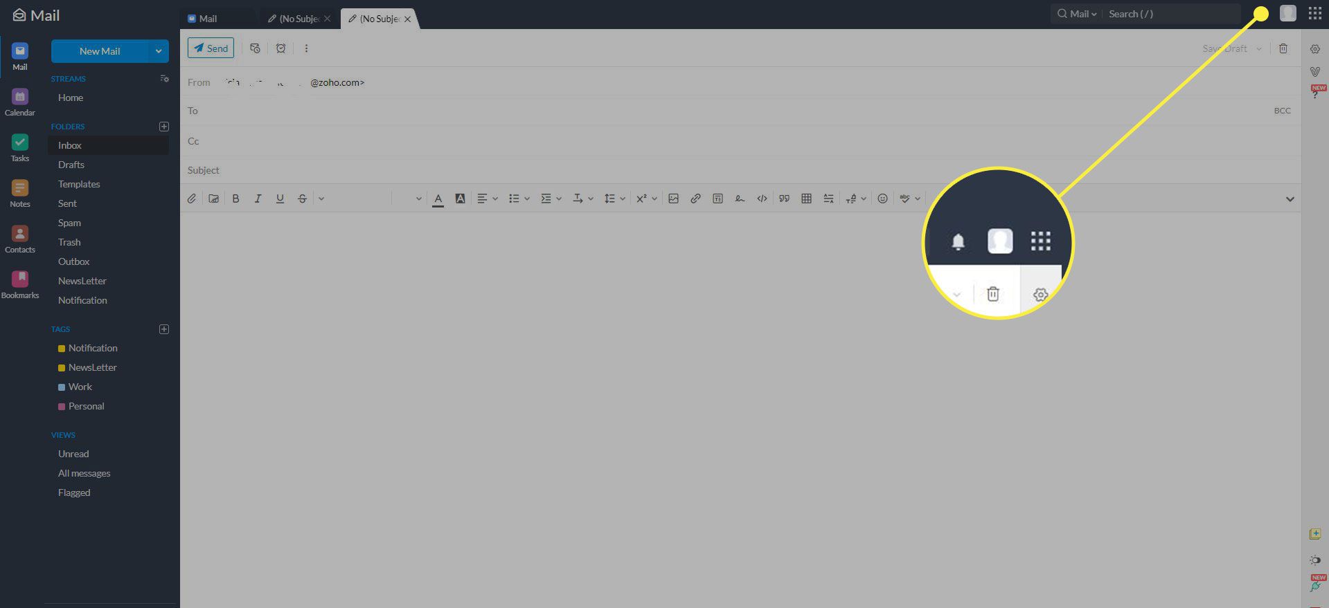 Знімок екрана Zoho Mail із виділеним значком облікового запису