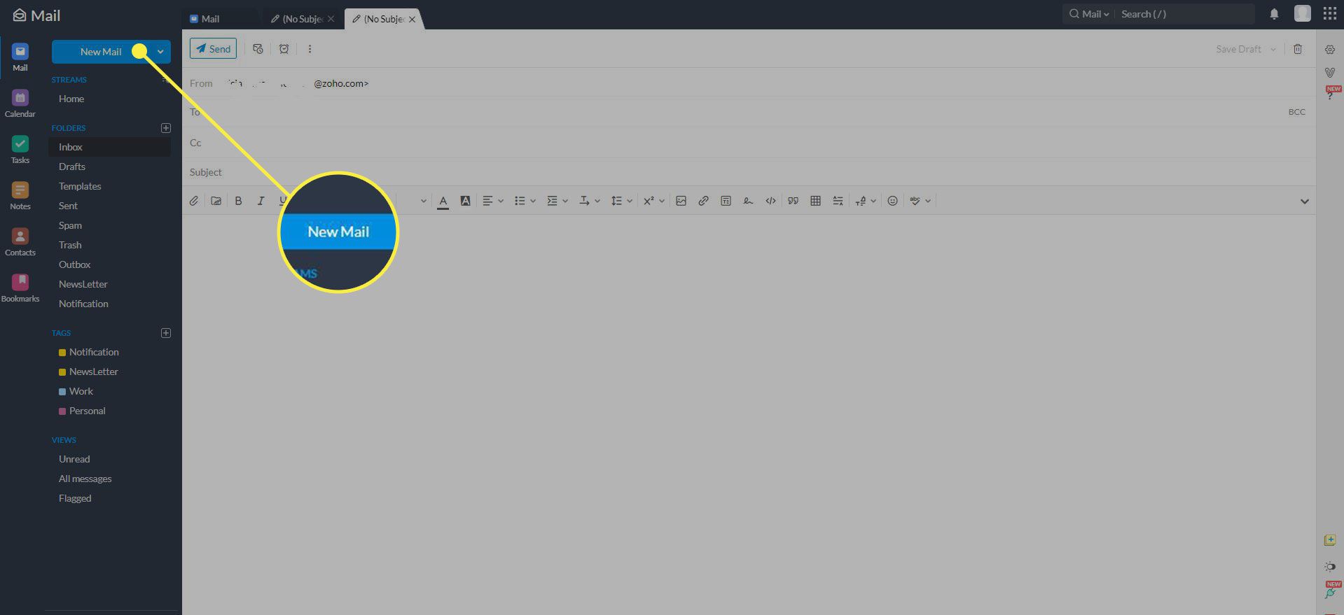 Знімок екрана Zoho Mail із виділеною кнопкою Нова пошта