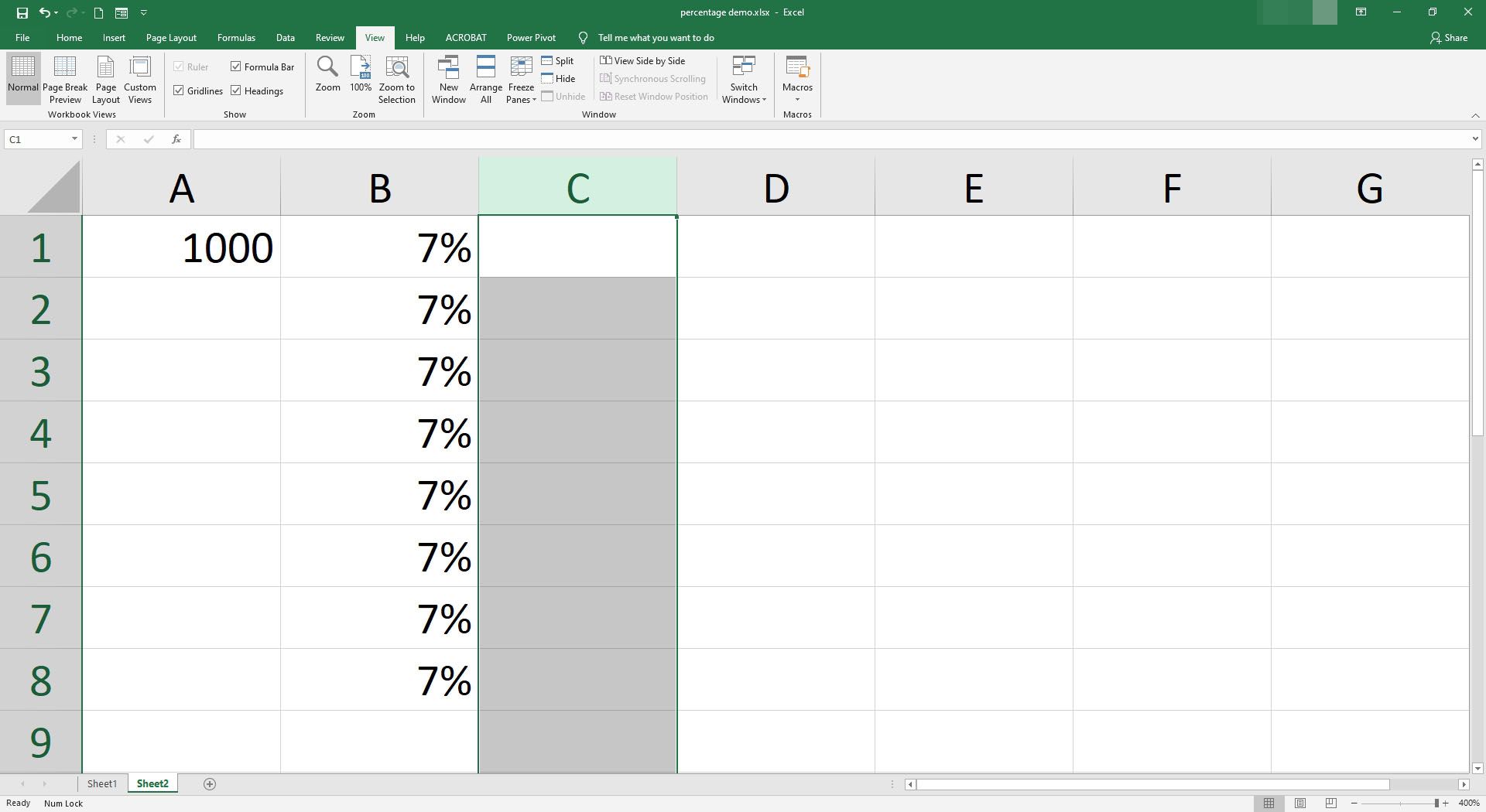 У Excel виділено стовпець C.