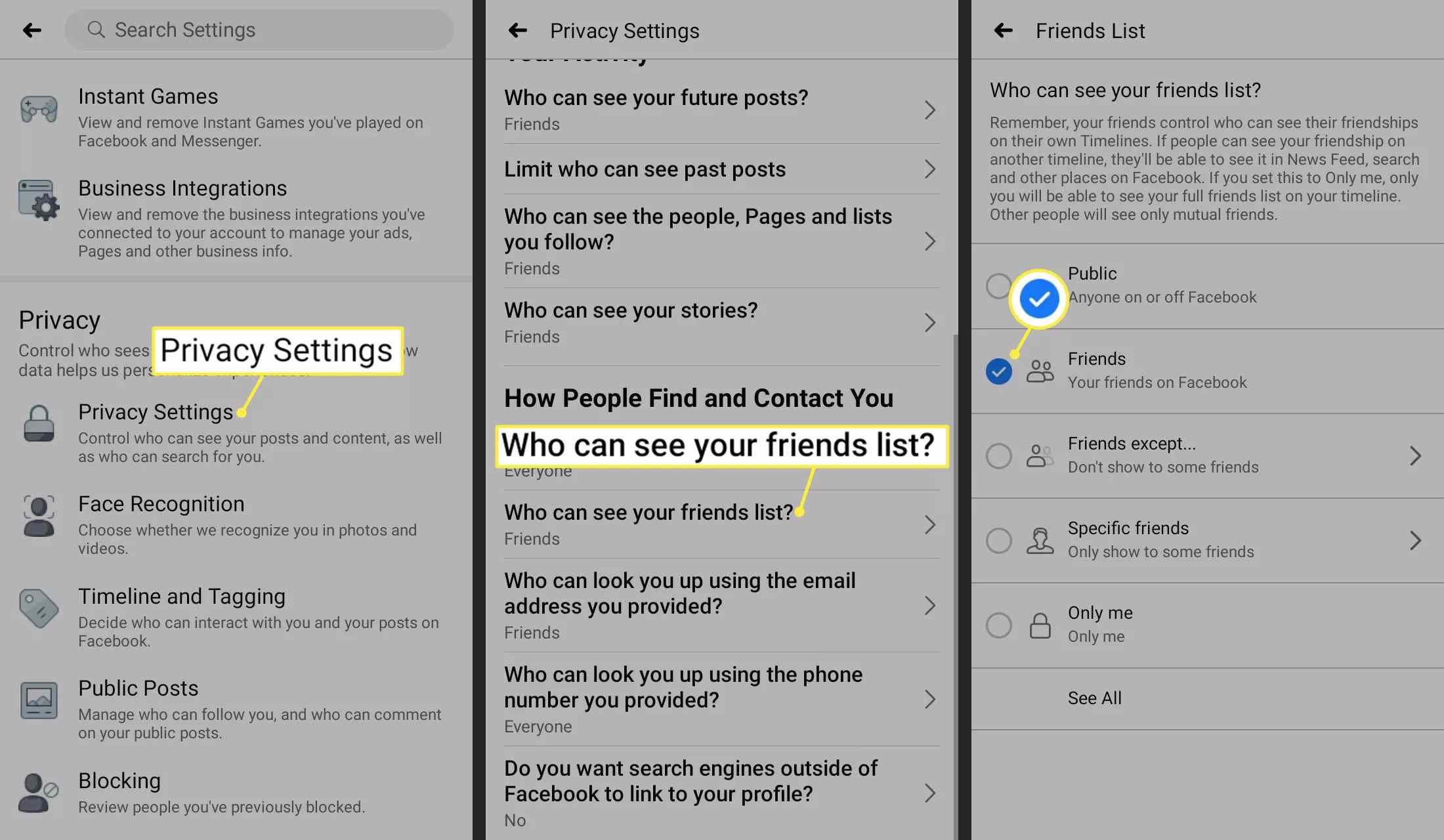 Налаштування конфіденційності, Хто може бачити список ваших друзів та піктограму Позначка у програмі Facebook