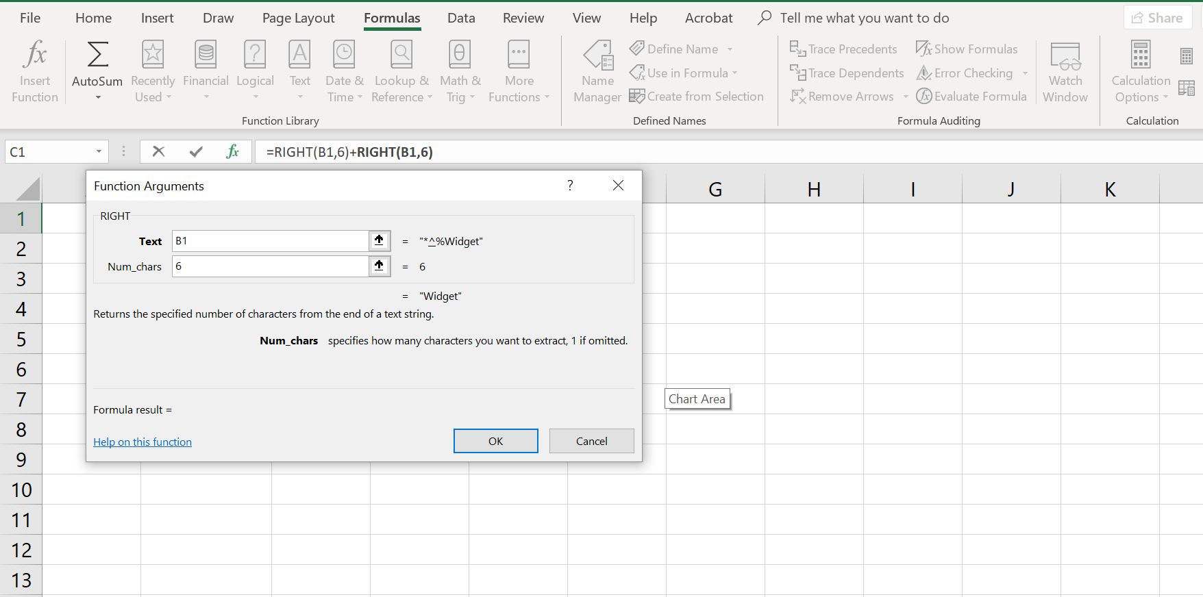 Електронна таблиця Excel із діалоговим вікном функції ВПРАВО