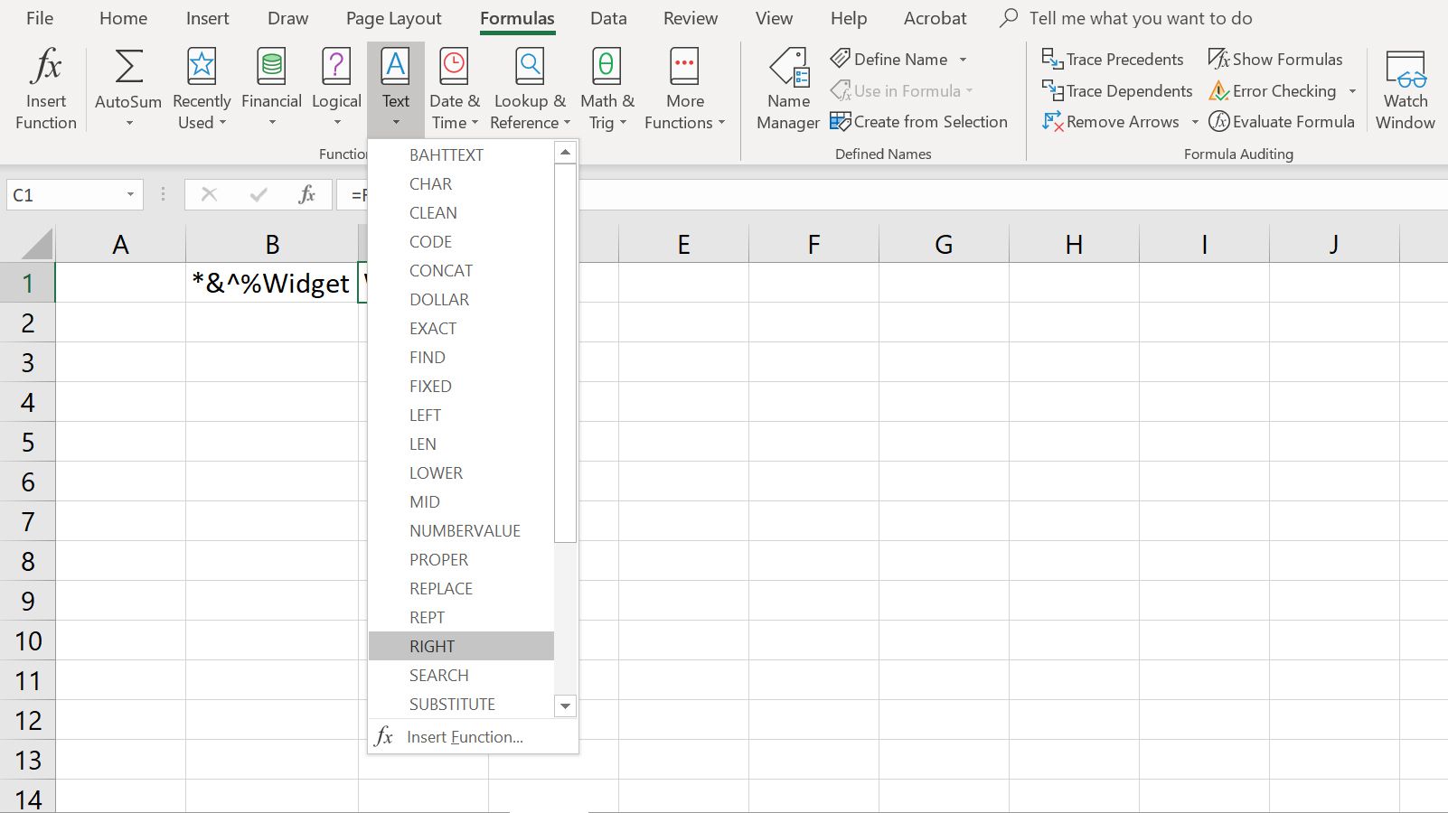 Випадаюче меню Текстова формула Excel із вибраною функцією ВПРАВО