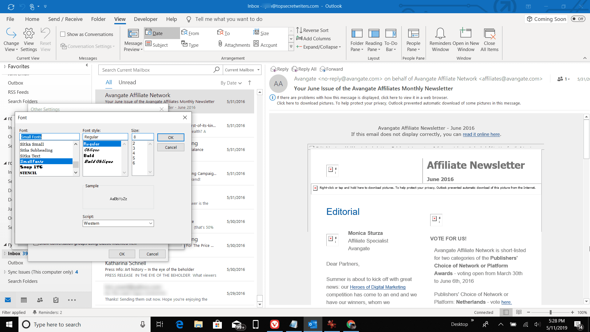 Знімок екрана налаштувань шрифту в Outlook