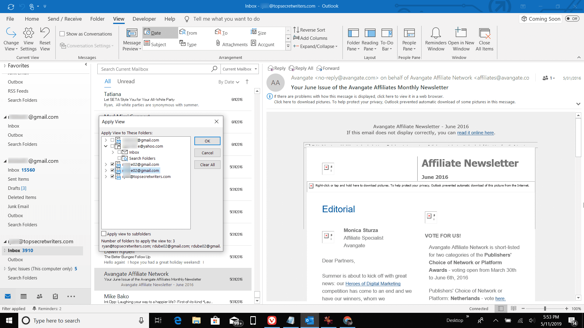 Знімок екрану вибору папок для застосування подання в Outlook