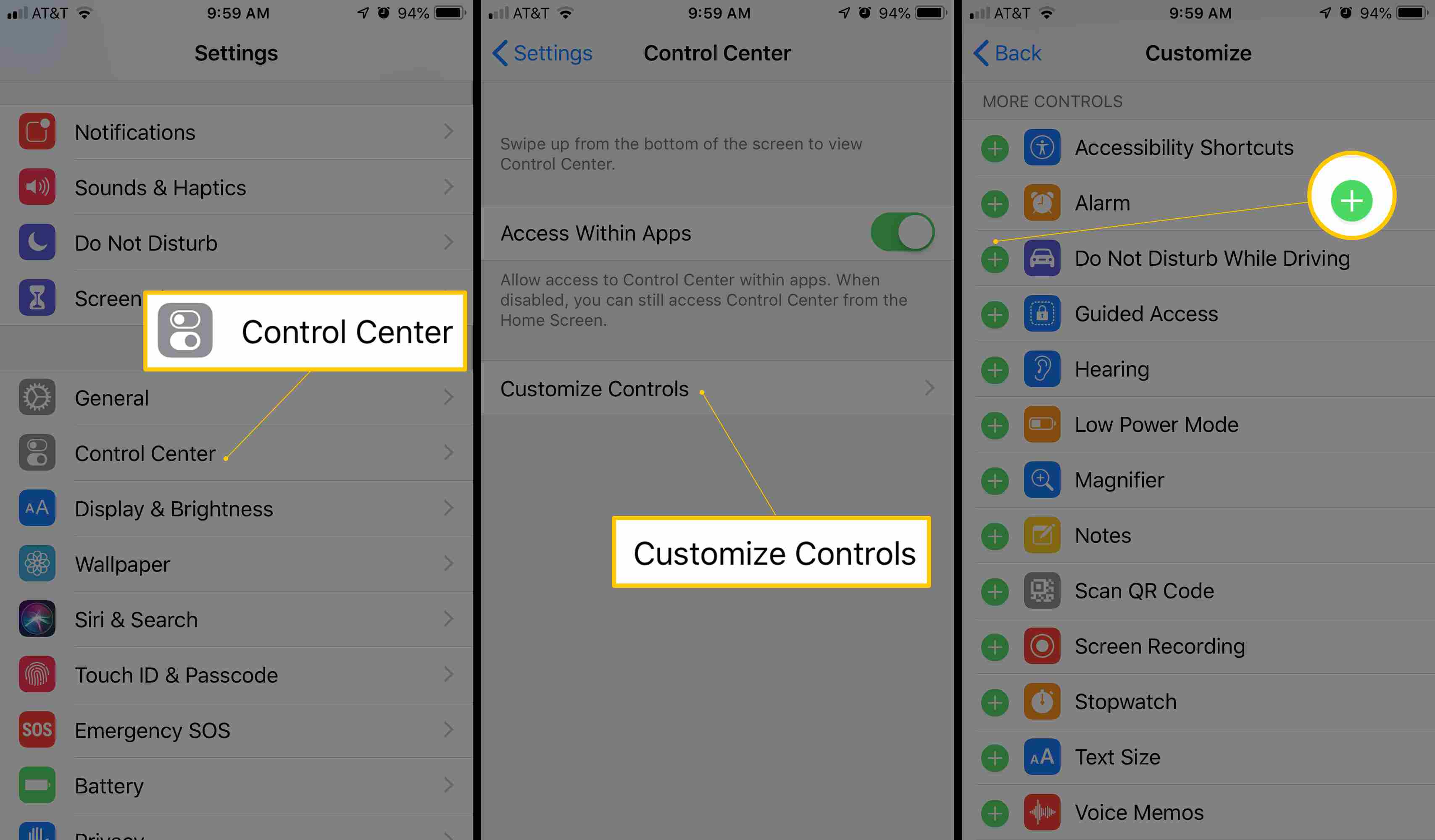 Три екрани iOS, на яких відображається Центр керування, Налаштування елементів керування та зелена кнопка плюс, щоб додати в Центр керування режим 