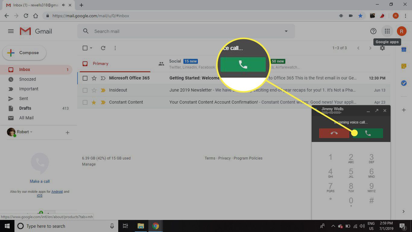 Знімок екрана Gmail із виділеною зеленою кнопкою Дзвінок