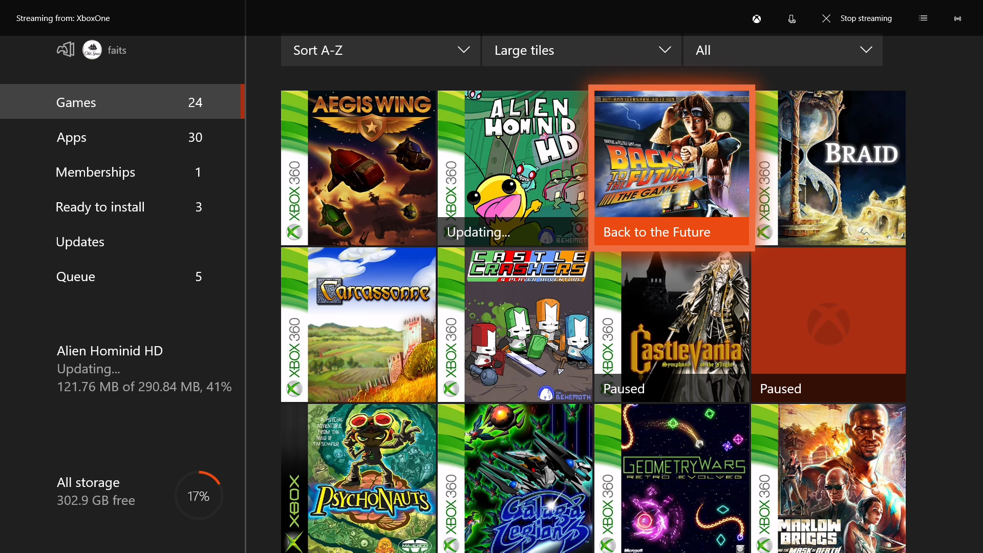 Екран бібліотеки ігор Xbox One.