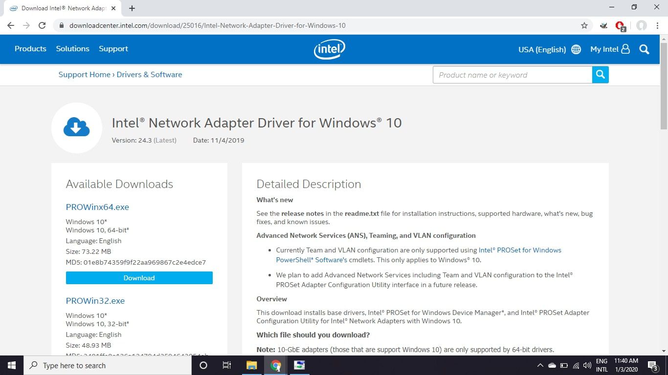 Сторінка завантаження драйвера мережевого адаптера Intel