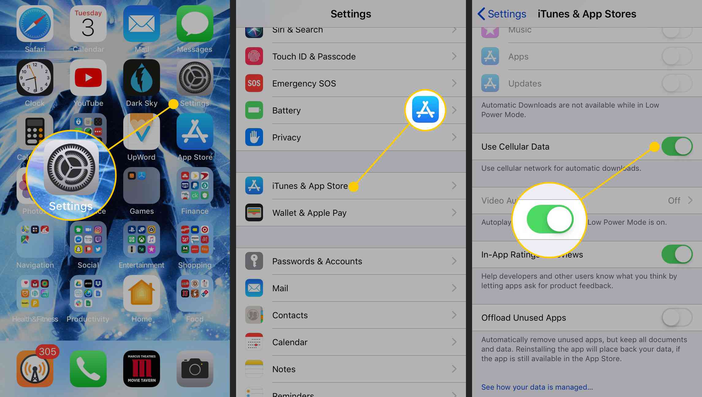 Налаштування, iTunes & App Store та Використовувати налаштування стільникових даних на iPhone