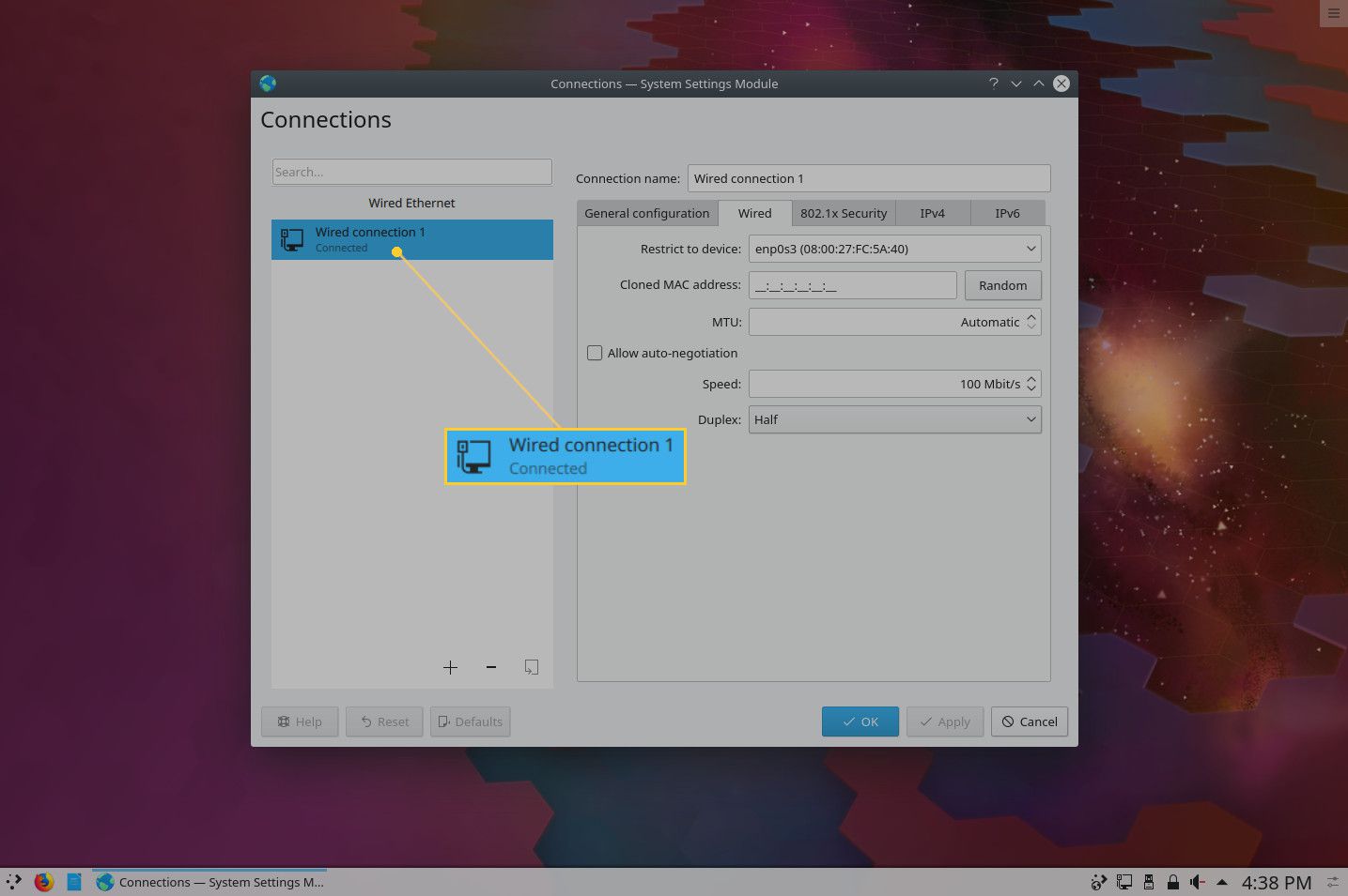 Знімок екрана вікна параметрів підключень KDE.