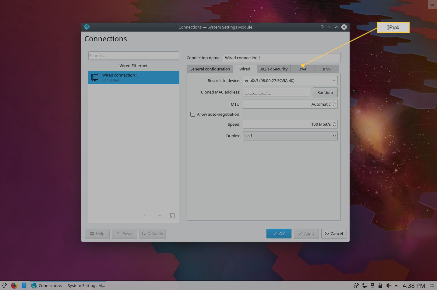 Знімок екрана вкладки IPv4 мережі KDE.