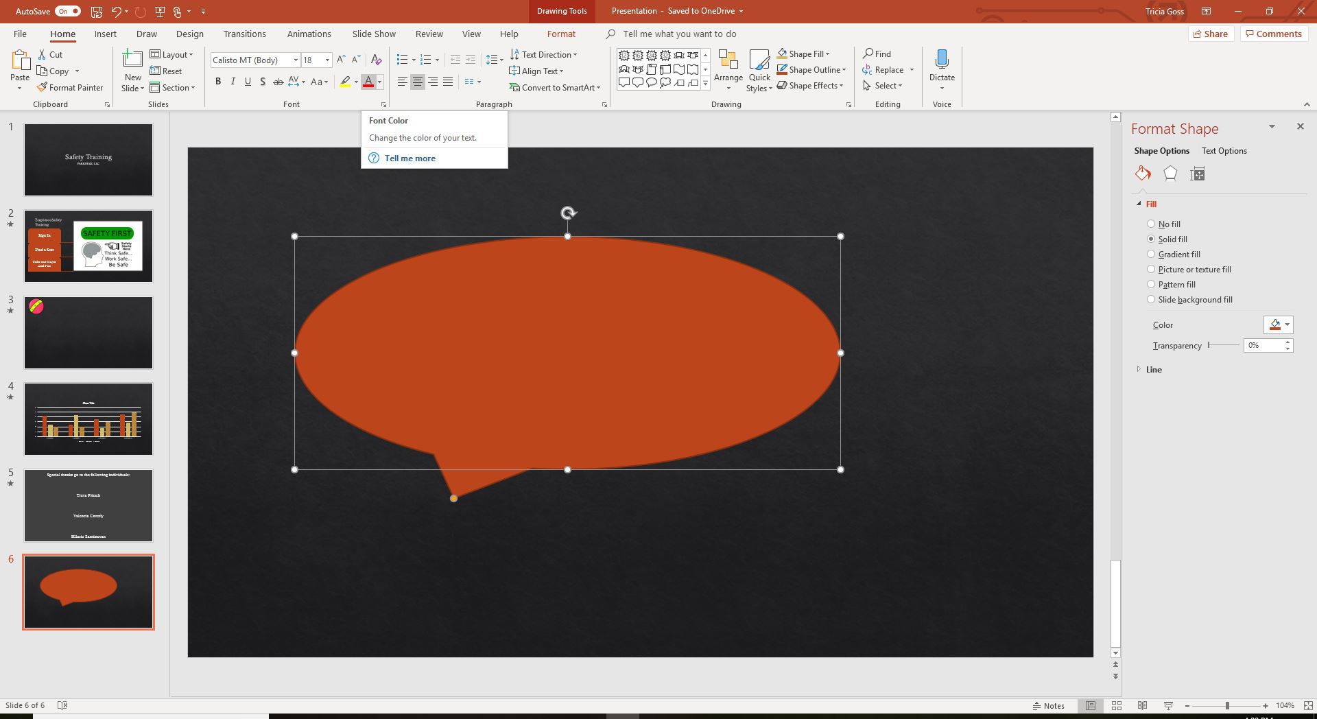 Знімок екрана поточного кольору шрифту в PowerPoint.