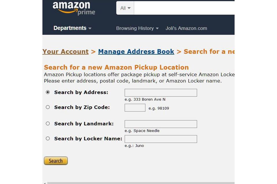 Знімок екрана пошуку місця вивезення Amazon