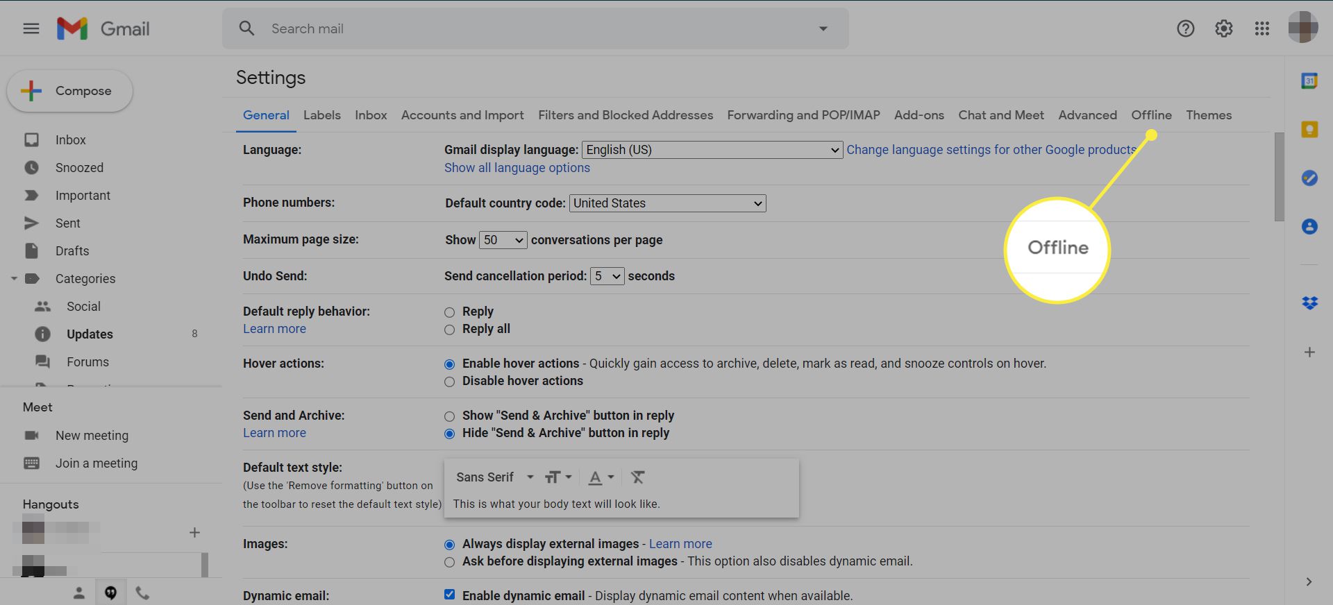 Налаштування Gmail із виділеною вкладкою 