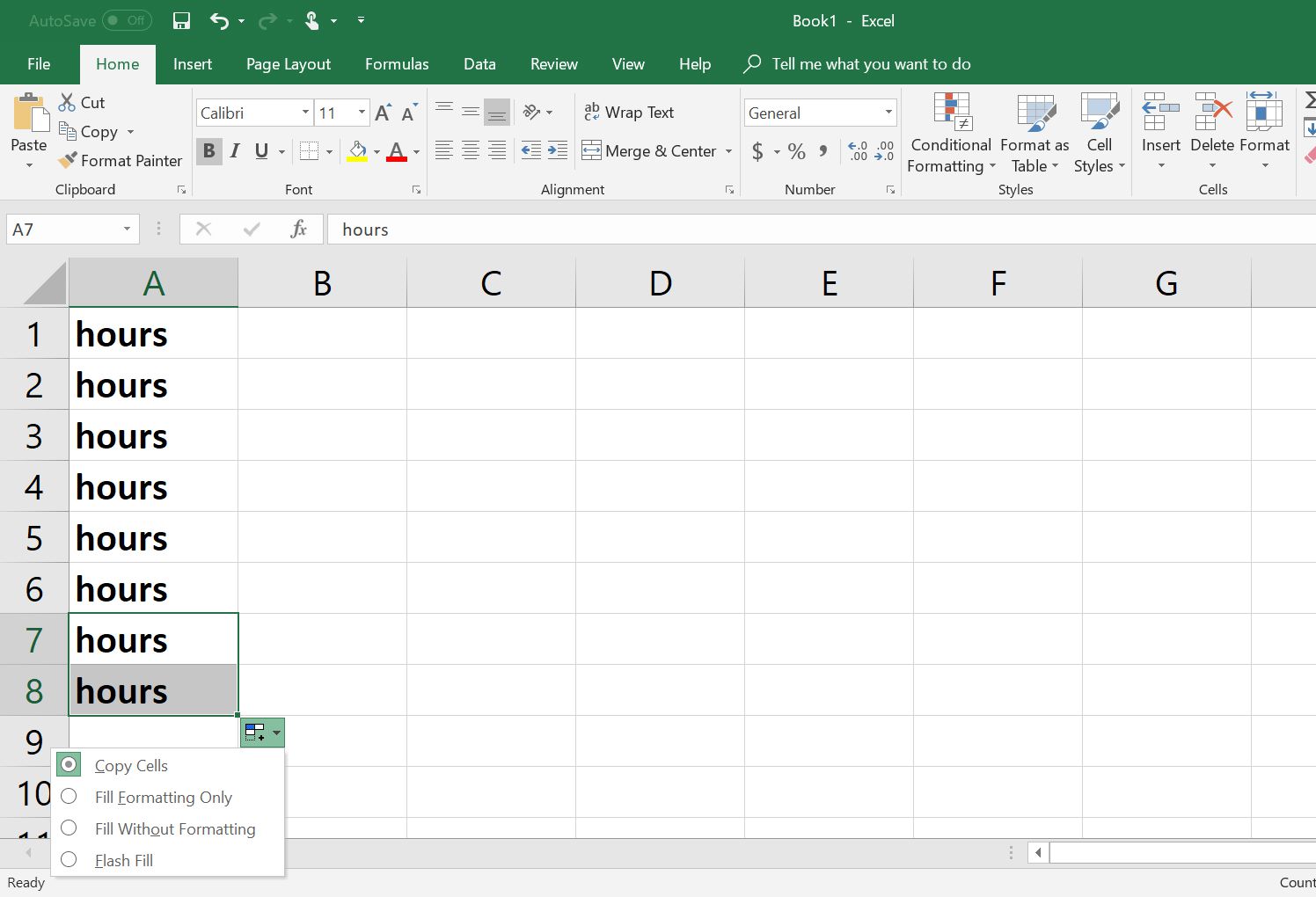 Відображені параметри автозаповнення електронної таблиці Excel