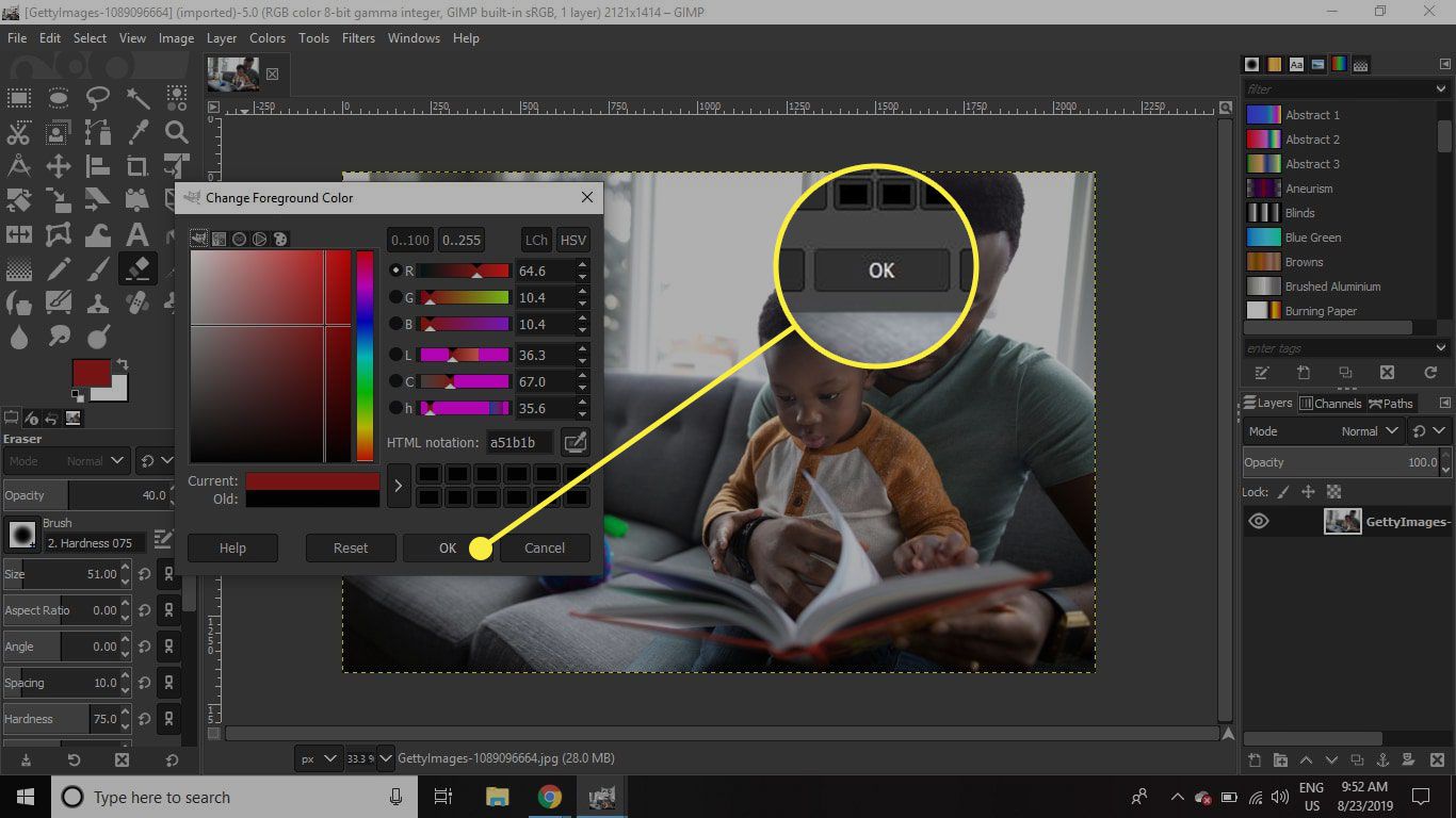 Знімок екрана вікна GIMP Змінити колір переднього плану з виділеною кнопкою OK